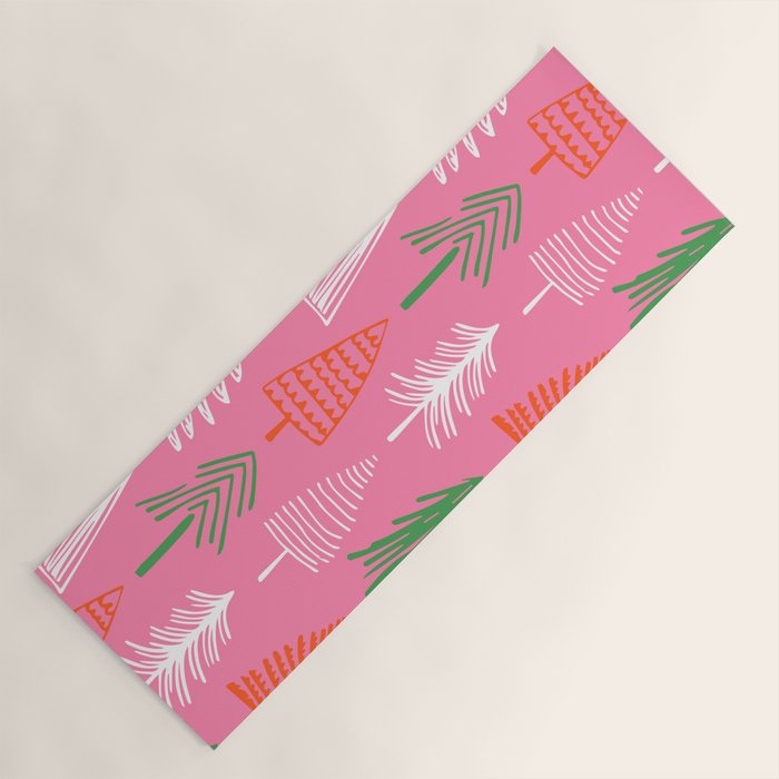 Pink christmas pine tree doodle pattern Yoga Mat Gallery Image 1