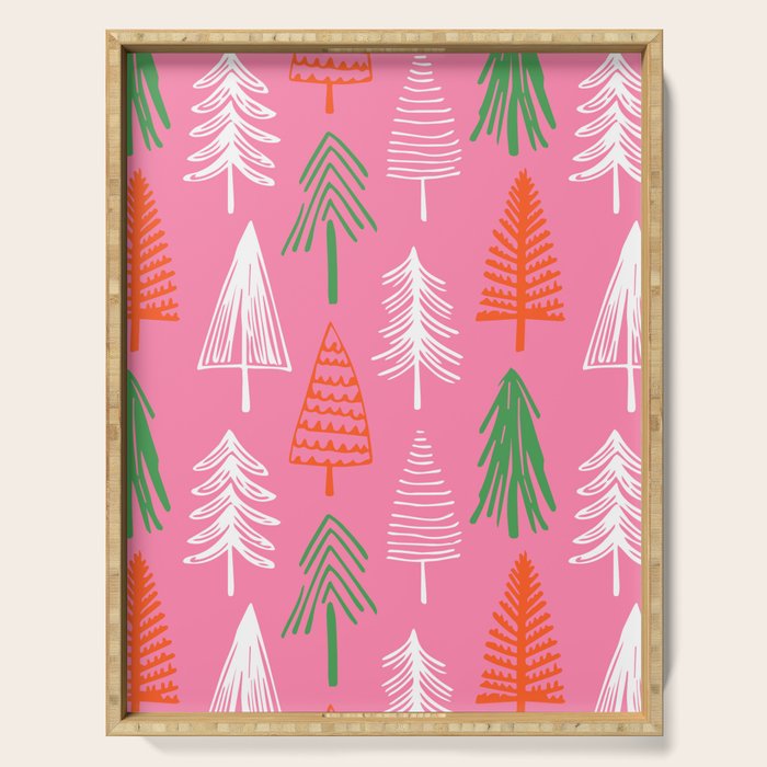 Pink christmas pine tree doodle pattern Serving Tray Gallery Image 1