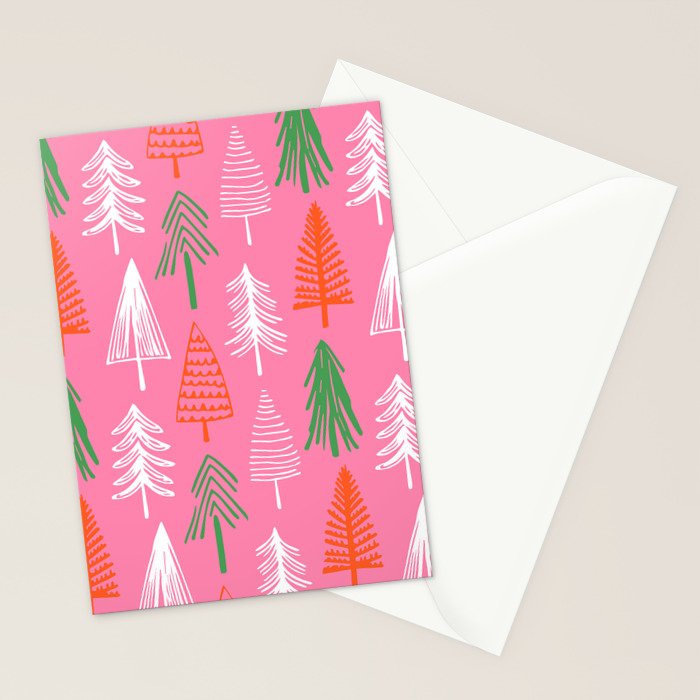 Pink christmas pine tree doodle pattern Stationery Card Gallery Image 2