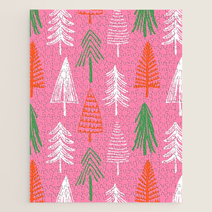 Pink christmas pine tree doodle pattern Jigsaw Puzzle Gallery Image 1