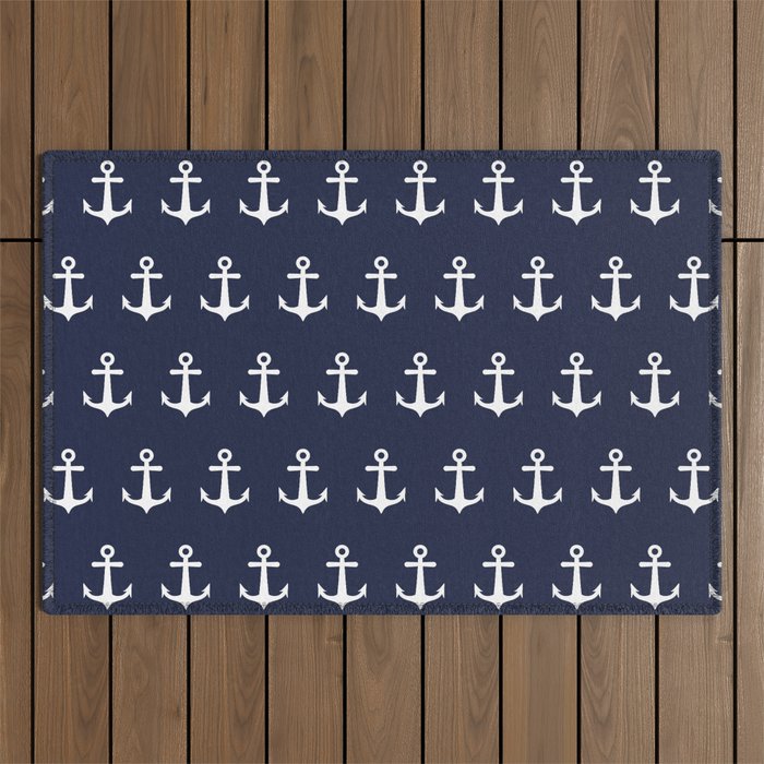 Nautical Navy Blue and White Anchors Outdoor Rug Gallery Image 1