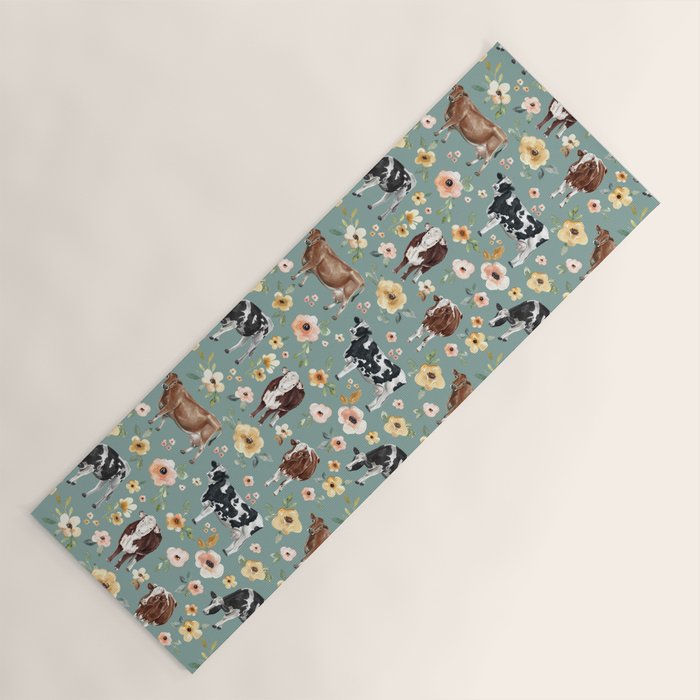 Cows and Flowers on Country Blue, Yellow Flowers, Cow Floral, Pink Flowers Yoga Mat Gallery Image 1