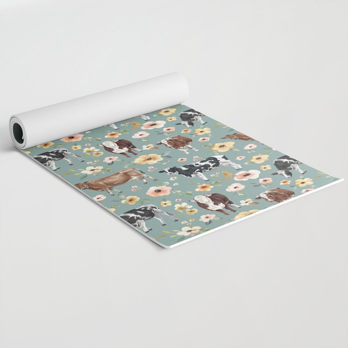 Cows and Flowers on Country Blue, Yellow Flowers, Cow Floral, Pink Flowers Yoga Mat Gallery Image 2