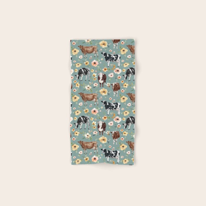 Cows and Flowers on Country Blue, Yellow Flowers, Cow Floral, Pink Flowers Bath Towel Gallery Image 1