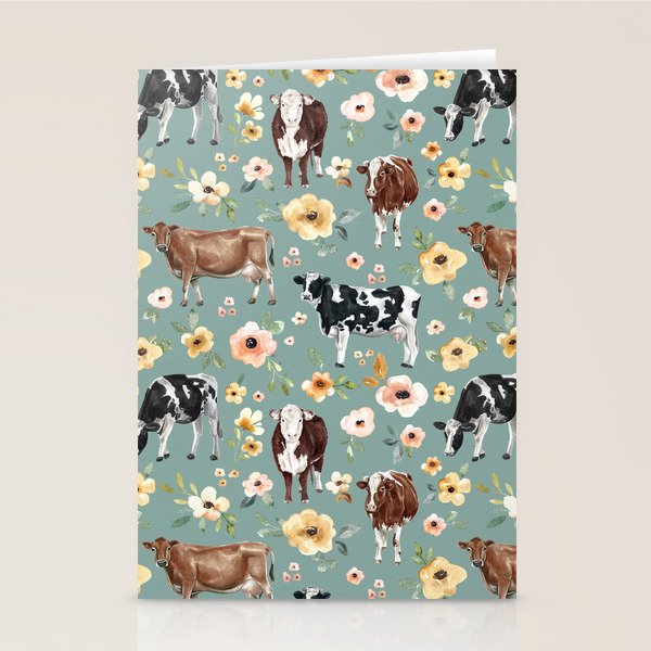 Cows and Flowers on Country Blue, Yellow Flowers, Cow Floral, Pink Flowers Stationery Card Gallery Image 2