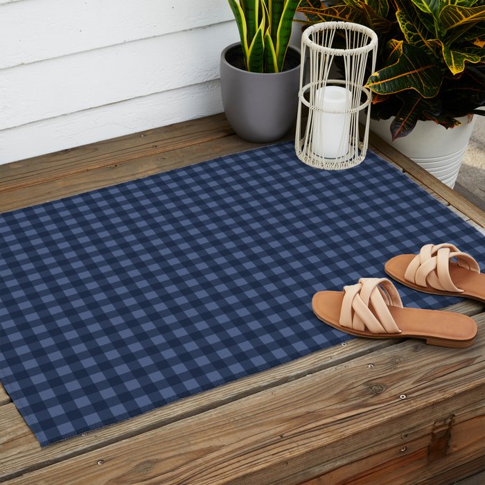 Gingham Plaid Pattern - Navy Blue Outdoor Rug Gallery Image 2