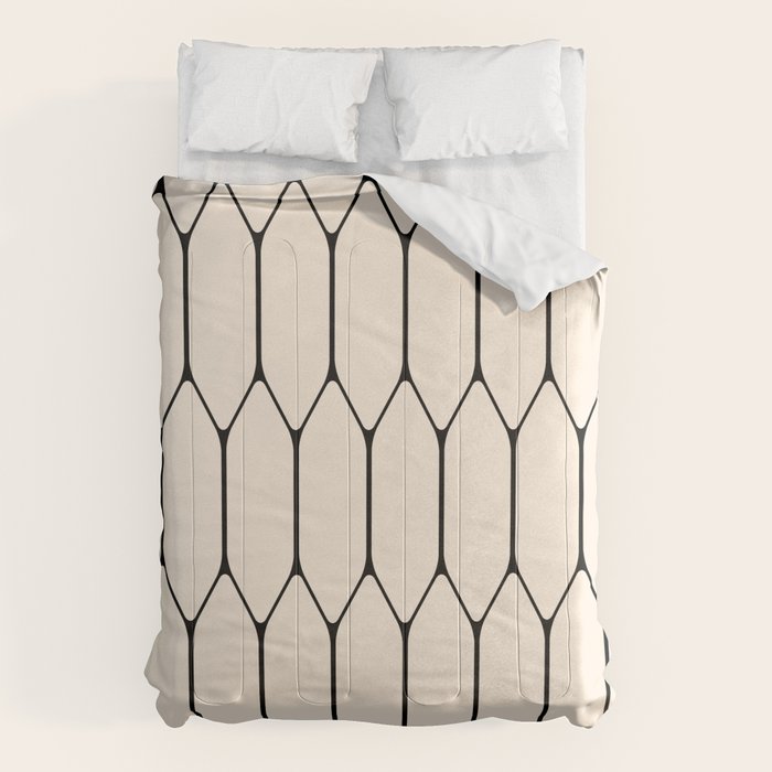 Long Honeycomb Geometric Minimalist Pattern in Almond Cream and Black Comforter Gallery Image 6