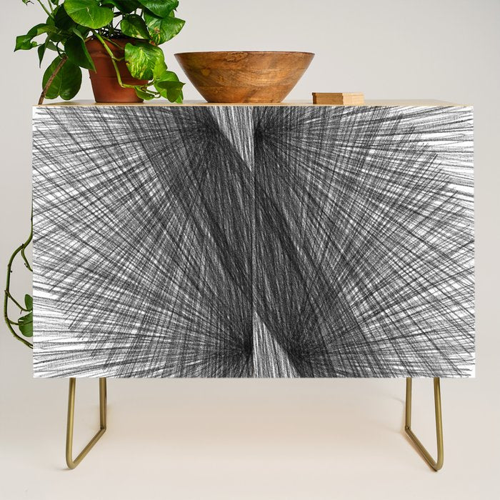 Black & White Mid Century Modern Radiating Lines Geometric Abstract Credenza Gallery Image 1
