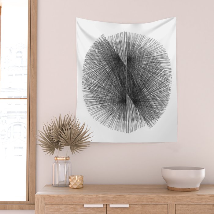 Black & White Mid Century Modern Radiating Lines Geometric Abstract Wall Tapestry Gallery Image 2