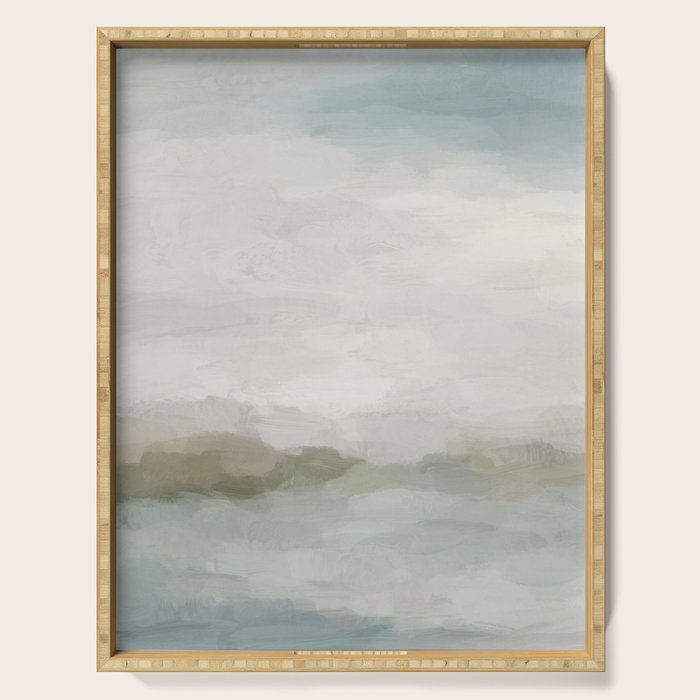 Break in the Weather III - Gray Clouds Sunrise Sage Green Blue Ocean Horizon Abstract Water Painting Serving Tray Gallery Image 1