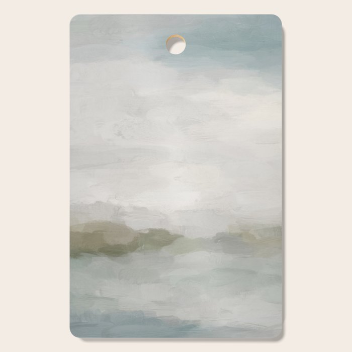 Break in the Weather III - Gray Clouds Sunrise Sage Green Blue Ocean Horizon Abstract Water Painting Cutting Board Gallery Image 1