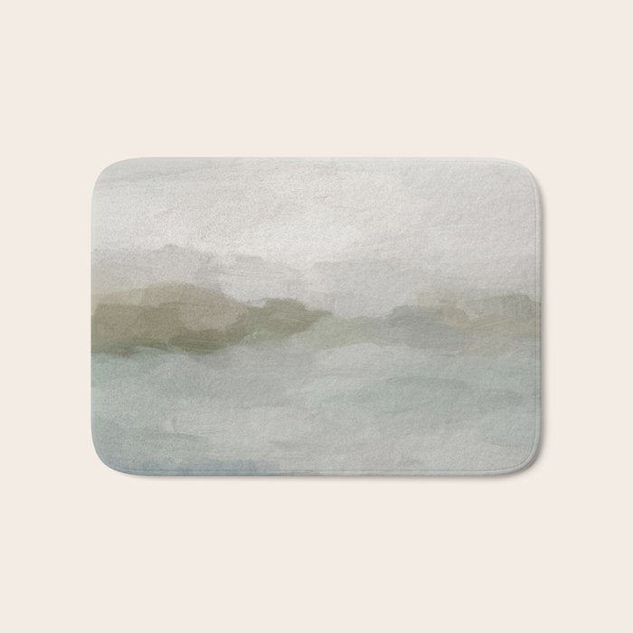 Break in the Weather III - Gray Clouds Sunrise Sage Green Blue Ocean Horizon Abstract Water Painting Bath Mat Gallery Image 1