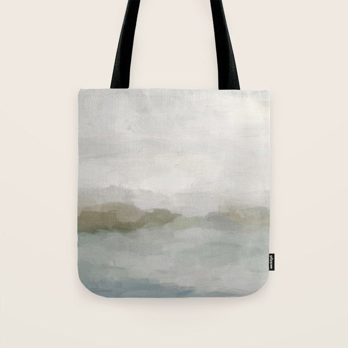 Break in the Weather III - Gray Clouds Sunrise Sage Green Blue Ocean Horizon Abstract Water Painting Tote Bag Gallery Image 1