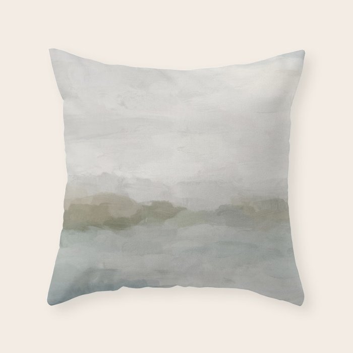 Break in the Weather III - Gray Clouds Sunrise Sage Green Blue Ocean Horizon Abstract Water Painting Throw Pillow Gallery Image 6