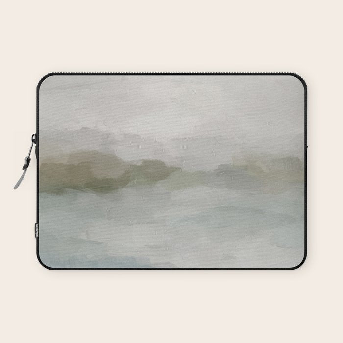 Break in the Weather III - Gray Clouds Sunrise Sage Green Blue Ocean Horizon Abstract Water Painting Laptop Sleeve Gallery Image 1