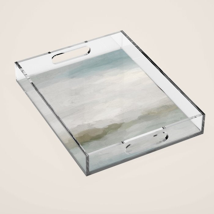Break in the Weather III - Gray Clouds Sunrise Sage Green Blue Ocean Horizon Abstract Water Painting Acrylic Tray Gallery Image 1