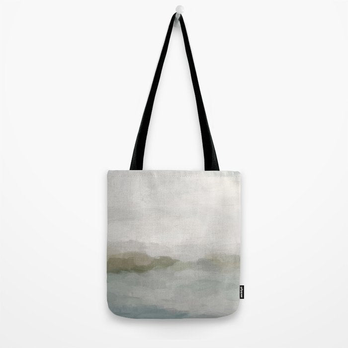 Break in the Weather III - Gray Clouds Sunrise Sage Green Blue Ocean Horizon Abstract Water Painting Tote Bag Gallery Image 2