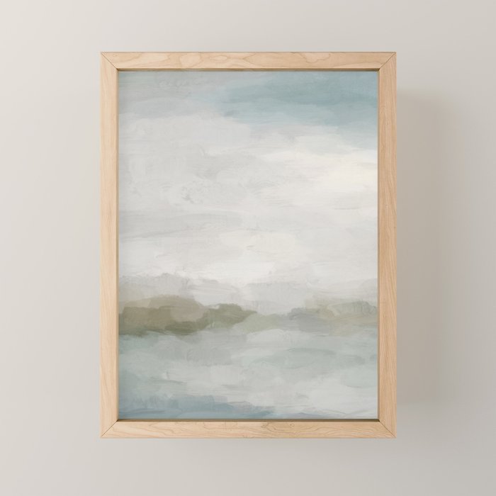 Break in the Weather III - Gray Clouds Sunrise Sage Green Blue Ocean Horizon Abstract Water Painting Mini Art Print Gallery Image 1