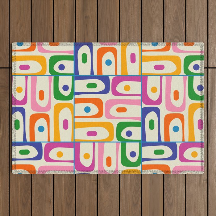 Colorful Mid Century Modern Piquet Multi Abstract Pattern Outdoor Rug Gallery Image 1