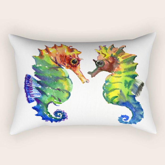 Seahorses, two animals rainbow colored art Rectangular Pillow Gallery Image 1