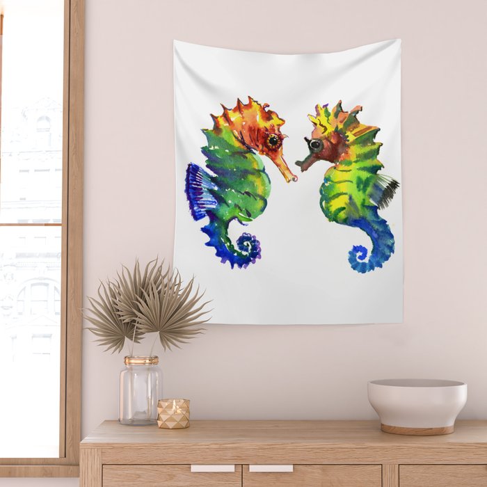 Seahorses, two animals rainbow colored art Wall Tapestry Gallery Image 2