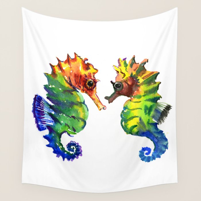 Seahorses, two animals rainbow colored art Wall Tapestry Gallery Image 1