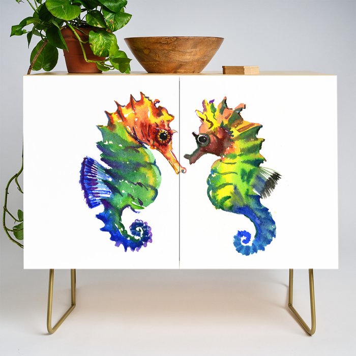 Seahorses, two animals rainbow colored art Credenza Gallery Image 1