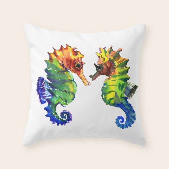 Seahorses, two animals rainbow colored art Throw Pillow Gallery Image 1