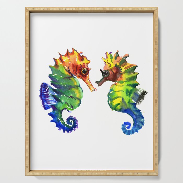 Seahorses, two animals rainbow colored art Serving Tray Gallery Image 1