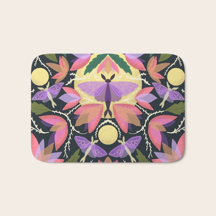 Luna Moth and Bougainvillea Botanical Pattern Bath Mat Gallery Image 1