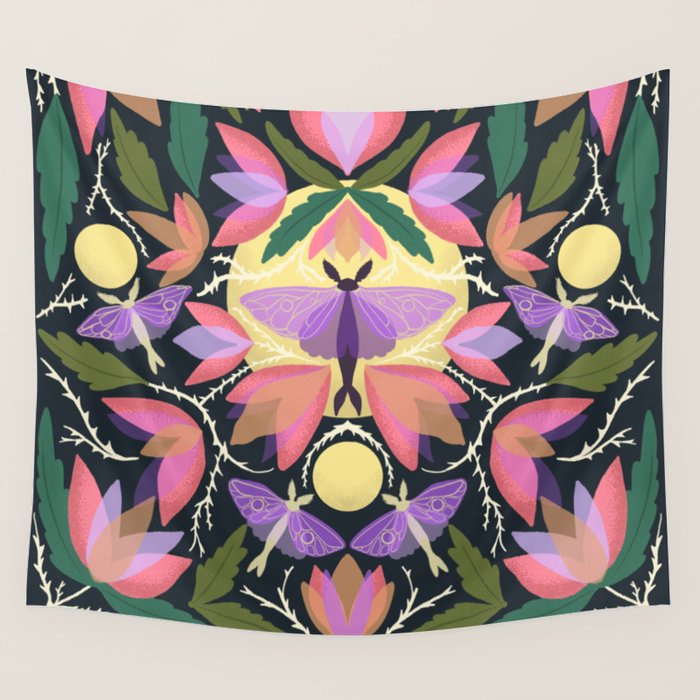 Luna Moth and Bougainvillea Botanical Pattern Wall Tapestry Gallery Image 1