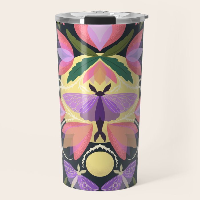 Luna Moth and Bougainvillea Botanical Pattern Travel Mug Gallery Image 1