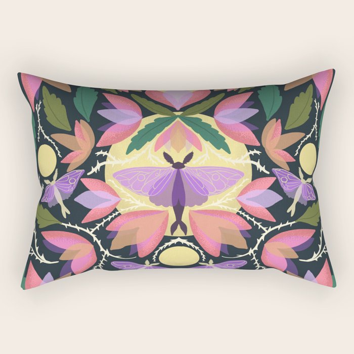 Luna Moth and Bougainvillea Botanical Pattern Rectangular Pillow Gallery Image 1
