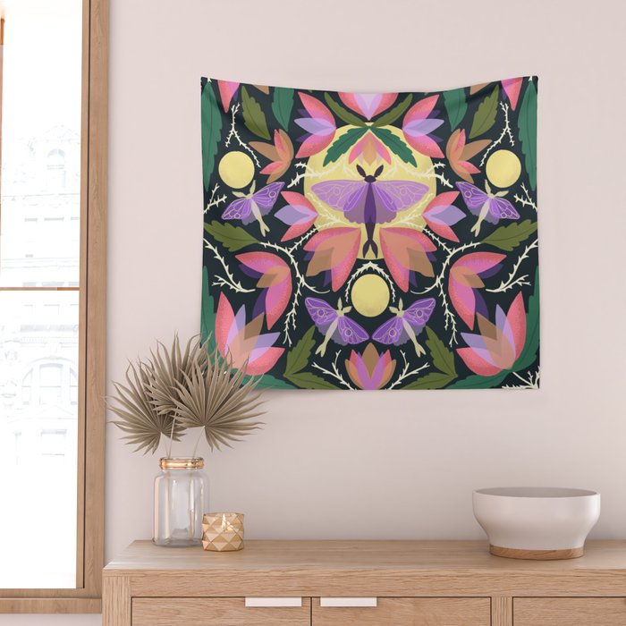 Luna Moth and Bougainvillea Botanical Pattern Wall Tapestry Gallery Image 2