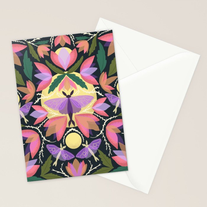 Luna Moth and Bougainvillea Botanical Pattern Stationery Card Gallery Image 2