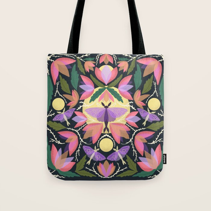 Luna Moth and Bougainvillea Botanical Pattern Tote Bag Gallery Image 1