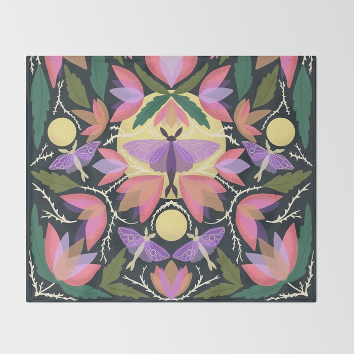Luna Moth and Bougainvillea Botanical Pattern Throw Blanket Gallery Image 2