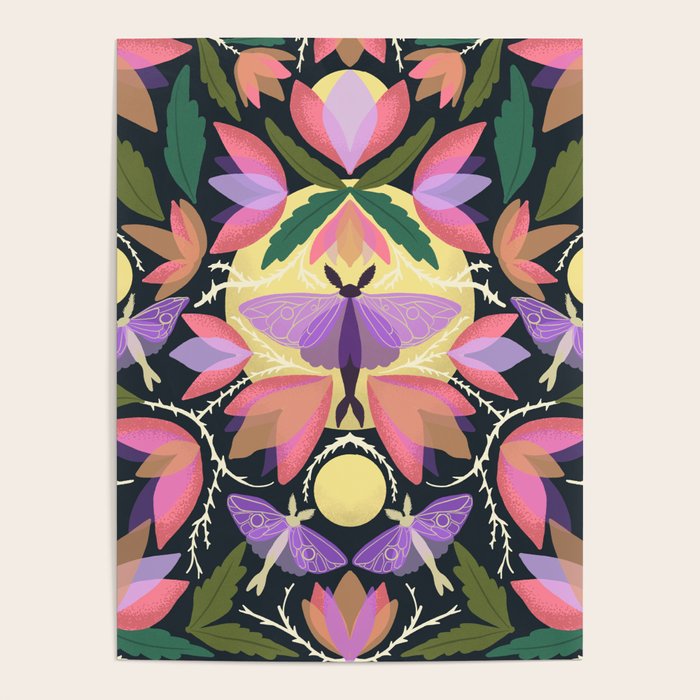 Luna Moth and Bougainvillea Botanical Pattern Poster Gallery Image 4
