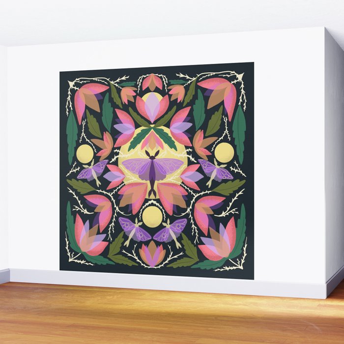 Luna Moth and Bougainvillea Botanical Pattern Wall Mural Gallery Image 2