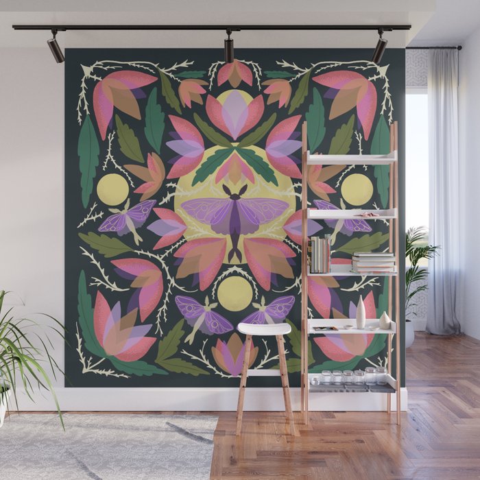 Luna Moth and Bougainvillea Botanical Pattern Wall Mural Gallery Image 1