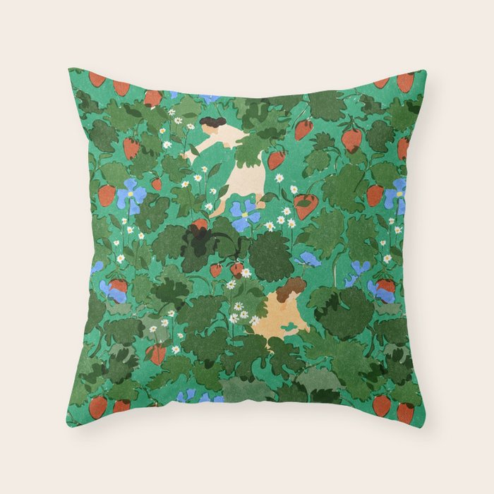 Picking up strawberries Throw Pillow Gallery Image 1