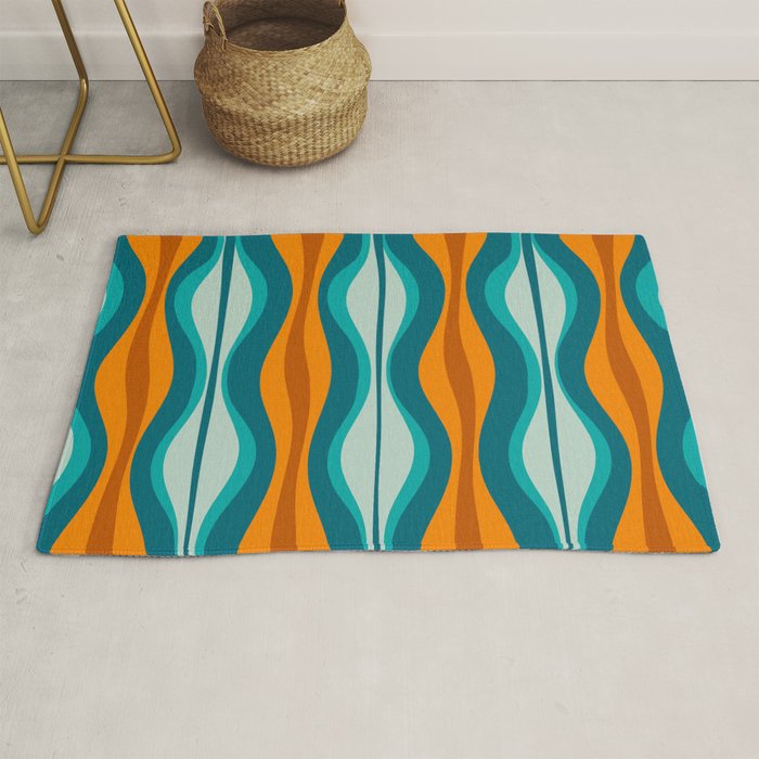Hourglass Mid Century Modern Abstract Pattern in Turquoise, Aqua, Orange, and Rust Rug Gallery Image 1
