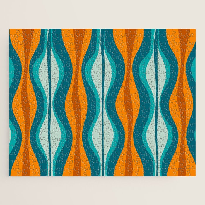 Hourglass Mid Century Modern Abstract Pattern in Turquoise, Aqua, Orange, and Rust Jigsaw Puzzle Gallery Image 1