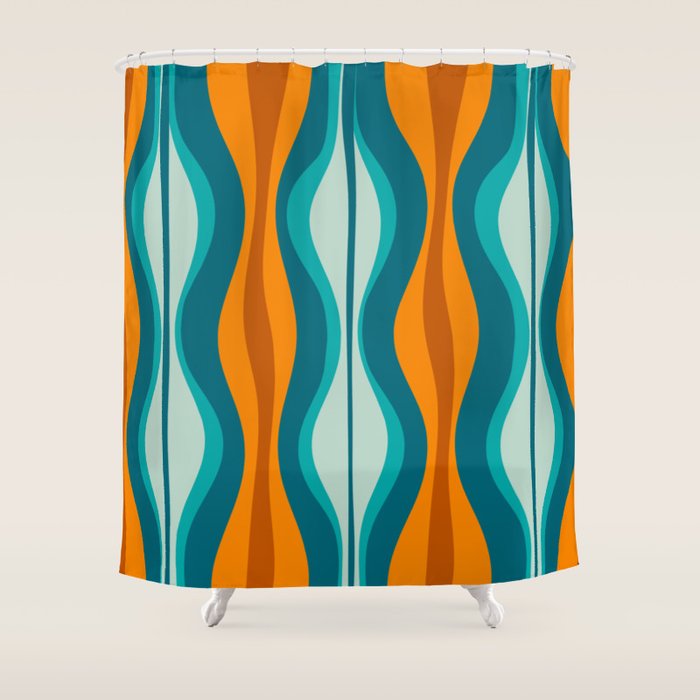 Hourglass Mid Century Modern Abstract Pattern in Turquoise, Aqua, Orange, and Rust Shower Curtain Gallery Image 1