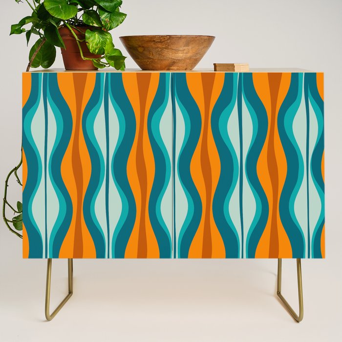 Hourglass Mid Century Modern Abstract Pattern in Turquoise, Aqua, Orange, and Rust Credenza Gallery Image 1