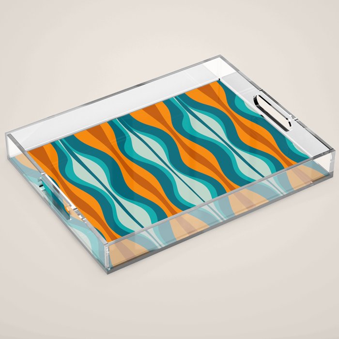 Hourglass Mid Century Modern Abstract Pattern in Turquoise, Aqua, Orange, and Rust Acrylic Tray Gallery Image 1