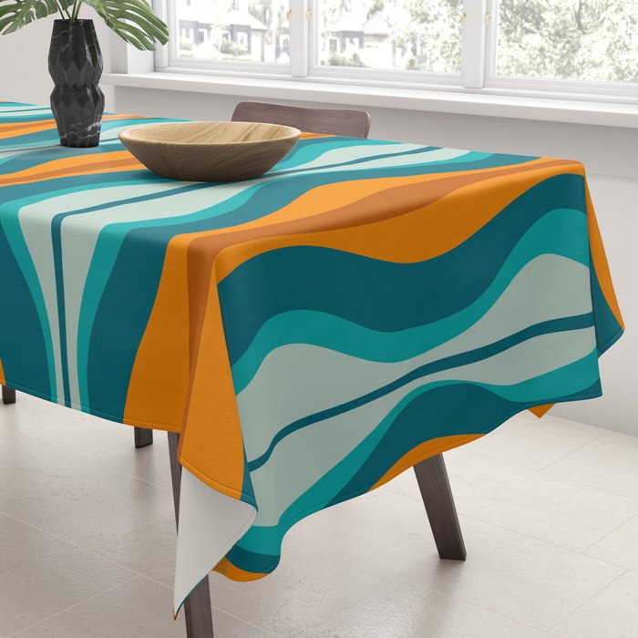 Hourglass Mid Century Modern Abstract Pattern in Turquoise, Aqua, Orange, and Rust Tablecloth Gallery Image 3