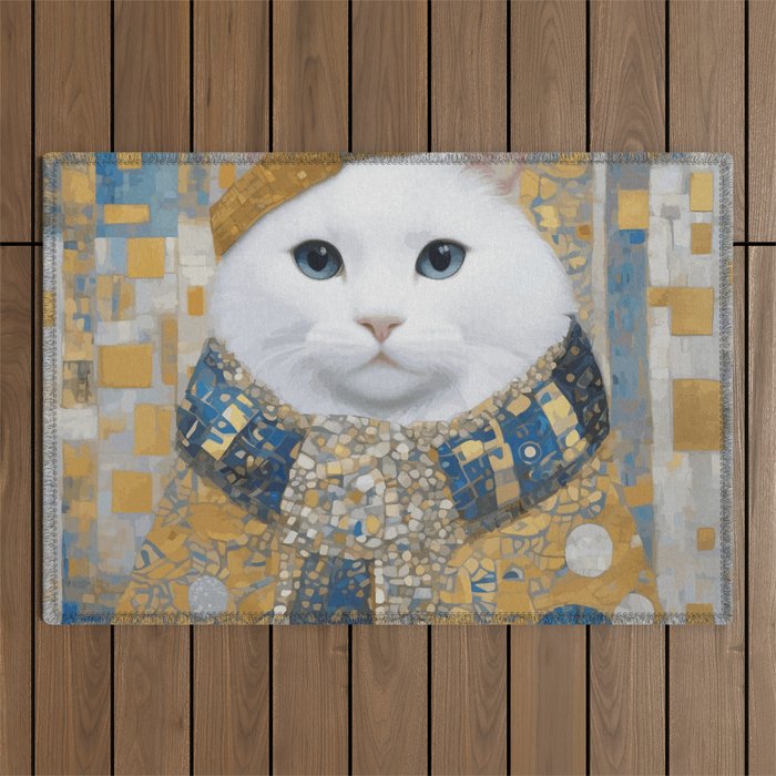 White Klimt Cat with Blue Eyes and Knitted Scarf Outdoor Rug Gallery Image 1