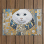 White Klimt Cat with Blue Eyes and Knitted Scarf Outdoor Rug Gallery Image 1