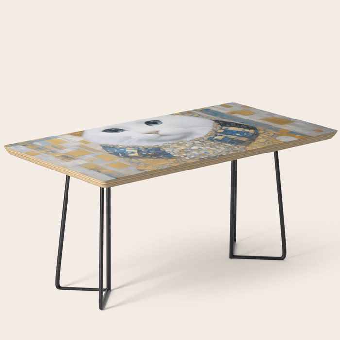 White Klimt Cat with Blue Eyes and Knitted Scarf Coffee Table Gallery Image 1